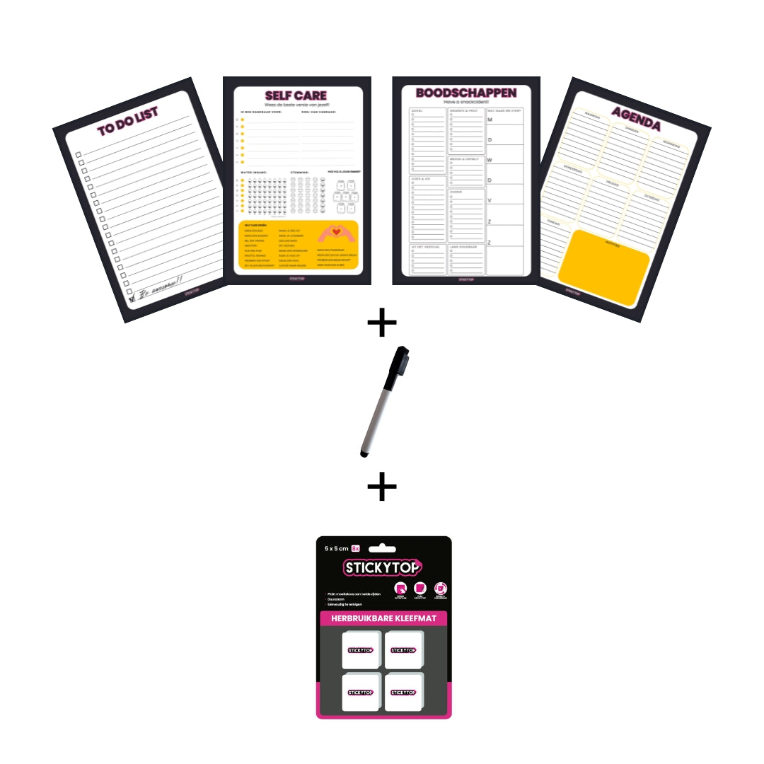 Bundel: 4 verschillende StickyCards + Stickytop 5x5 cm + Whiteboard Marker
