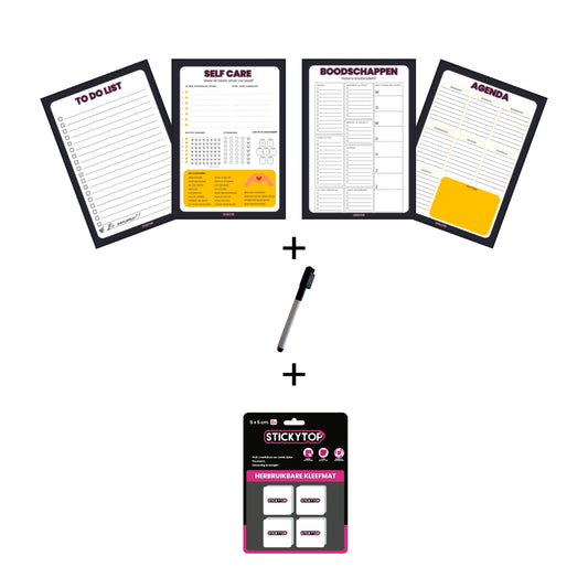 Bundel: 4 verschillende StickyCards + Stickytop 5x5 cm + Whiteboard Marker