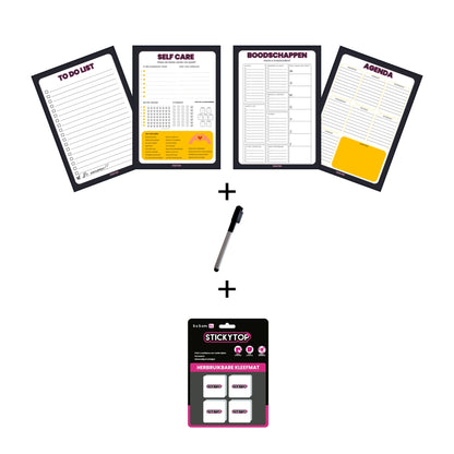 Combideal: 4 verschillende StickyCards + Stickytop 5x5 cm + Whiteboard Marker